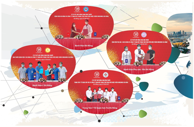 Ths. BS Trần Mỹ Linh –TGĐ TTPP Dược phẩm Vimedimex Đà Nẵng tại buổi ký kết Hợp đồng cung ứng thuốc với TS.BS. Lê Đức Nhân - Giám đốc Bệnh viện Đà Nằng, BSCK2. Nguyễn Trọng Thiện - Giám đốc Bệnh viện C Đà Nẵng, TS.BS. Trần Đình Vinh Giám đốc Bệnh Viện Phụ Sản - Nhi Đà Nẵngvà BSCK1. Phạm Hồng Nam Trung tâm y tế Quận Sơn Trà.